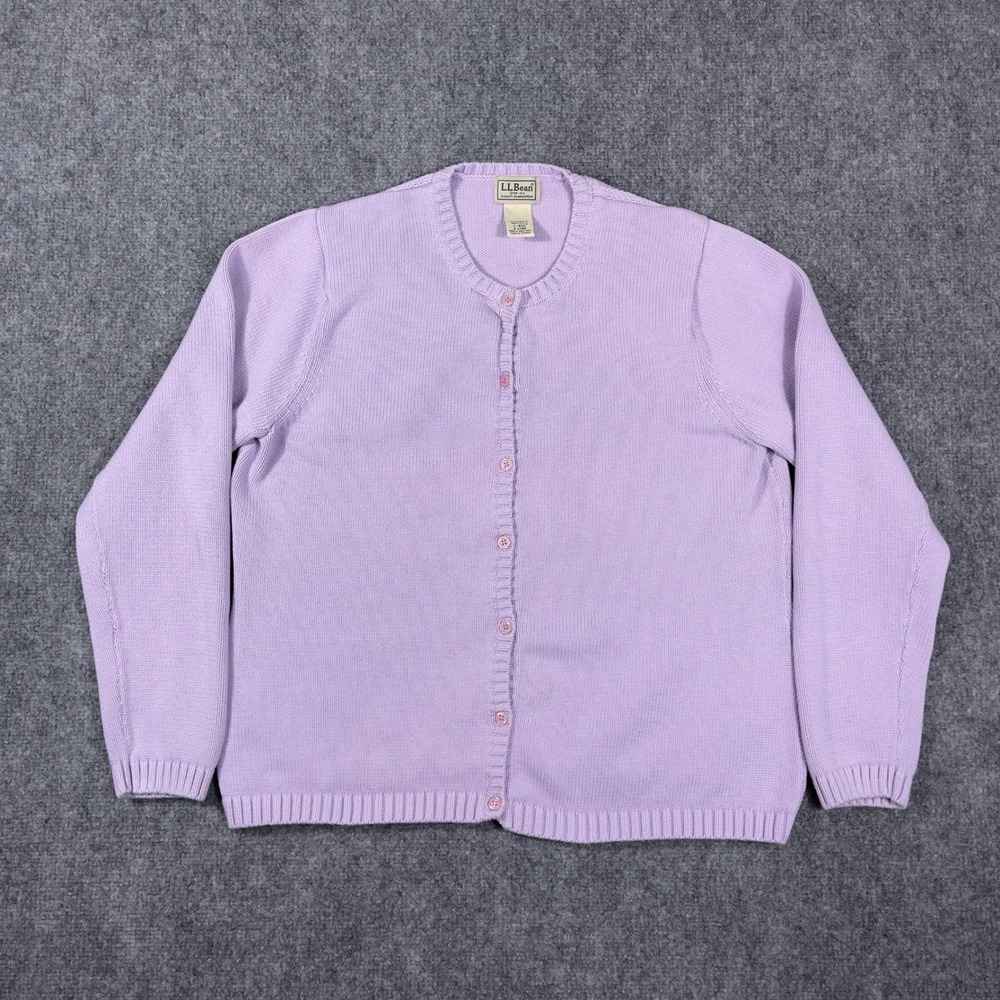 Vtg LL Bean Cardigan Sweater Womens Large L Purple Cotton Button Up Crew Neck